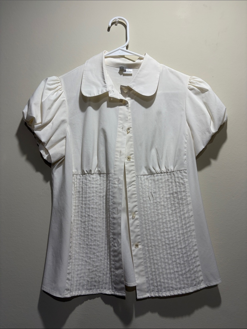Women's White Button-Front Short Sleeve Blouse with Pintuck Panels